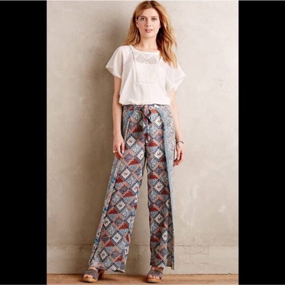 Elevenses Wide Leg Pants Sz 0 Seaflower Pattern Sheer Flowy Boho Anthropologie - Picture 1 of 12
